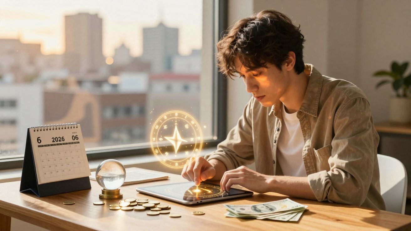 Jovem sentado à secretária ao pôr do sol usando tablet com objetos financeiros e mapa estelar holográfico.
