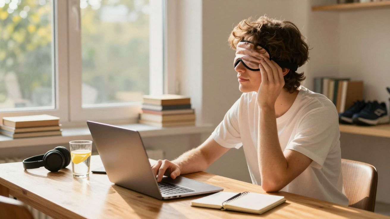 Jovem com máscara de descanso retira para consultar laptop, sentado à mesa com copo de água, auscultadores e caderno.