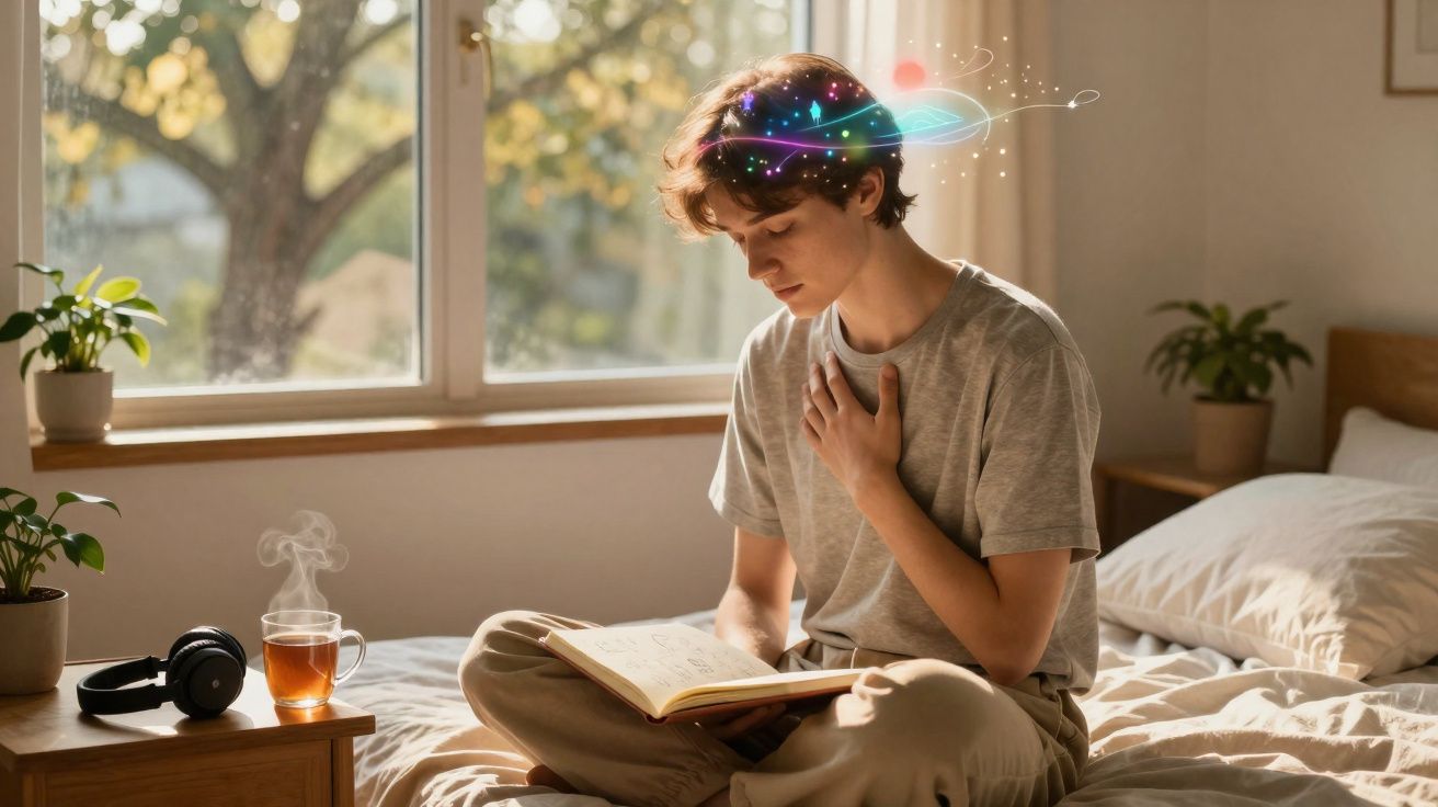 Jovem sentado na cama a ler um livro, com gráfico de sistema solar a envolver a cabeça, luz natural.