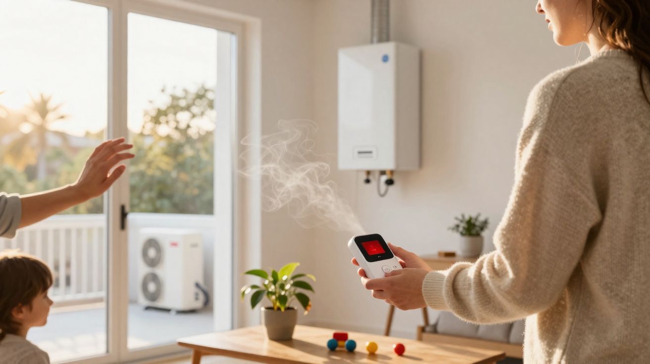 Pessoa segura detector de fumo ativado numa sala luminosa com criança e janela aberta ao fundo.