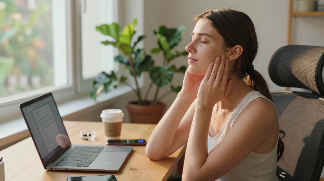 Mulher a relaxar com olhos fechados sentada em secretária com computador e café perto da janela.