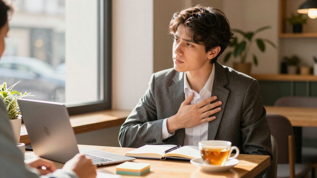 Jovem de fato cinzento demonstra preocupação, com a mão no peito, sentado numa mesa com computador e chá.
