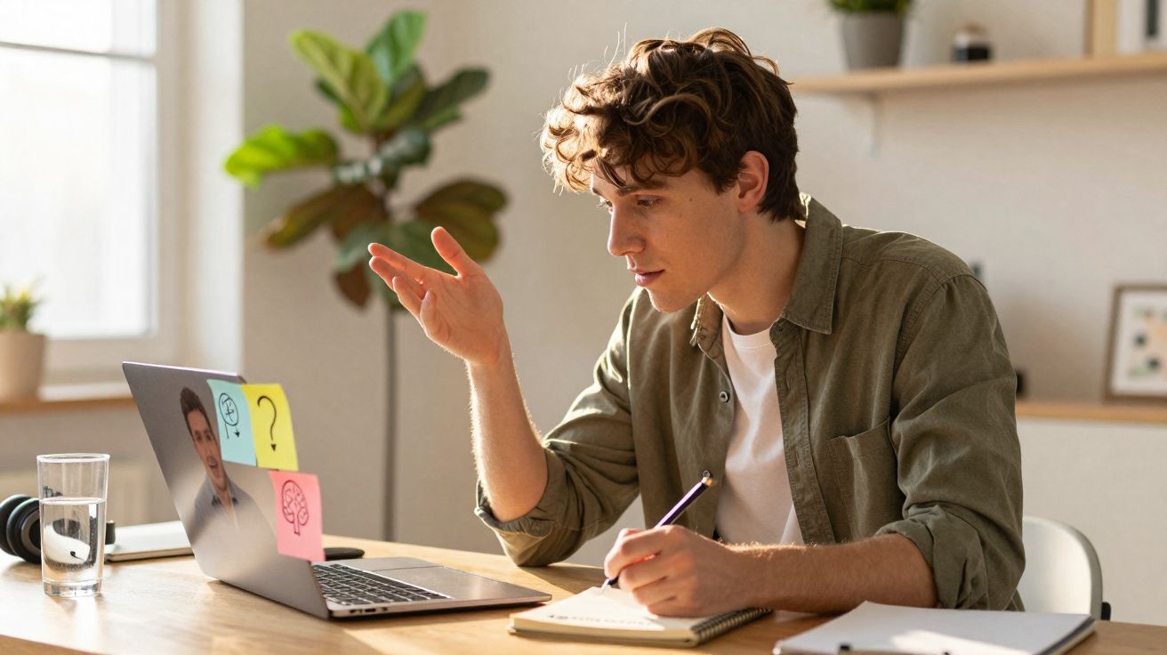 Jovem numa videochamada, a fazer anotações num caderno enquanto está sentado à secretária com computador portátil.