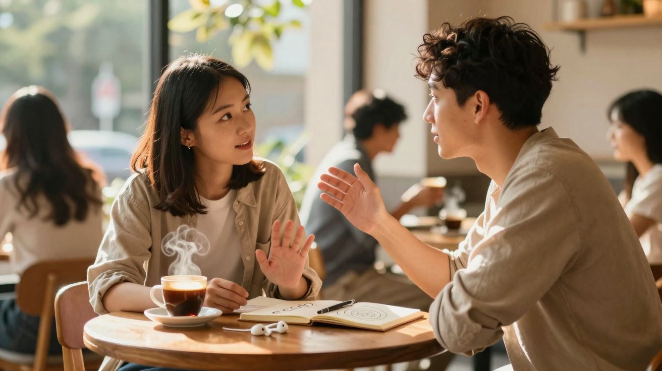 Duas pessoas conversam num café, com uma chávena de café quente e um caderno aberto sobre a mesa.