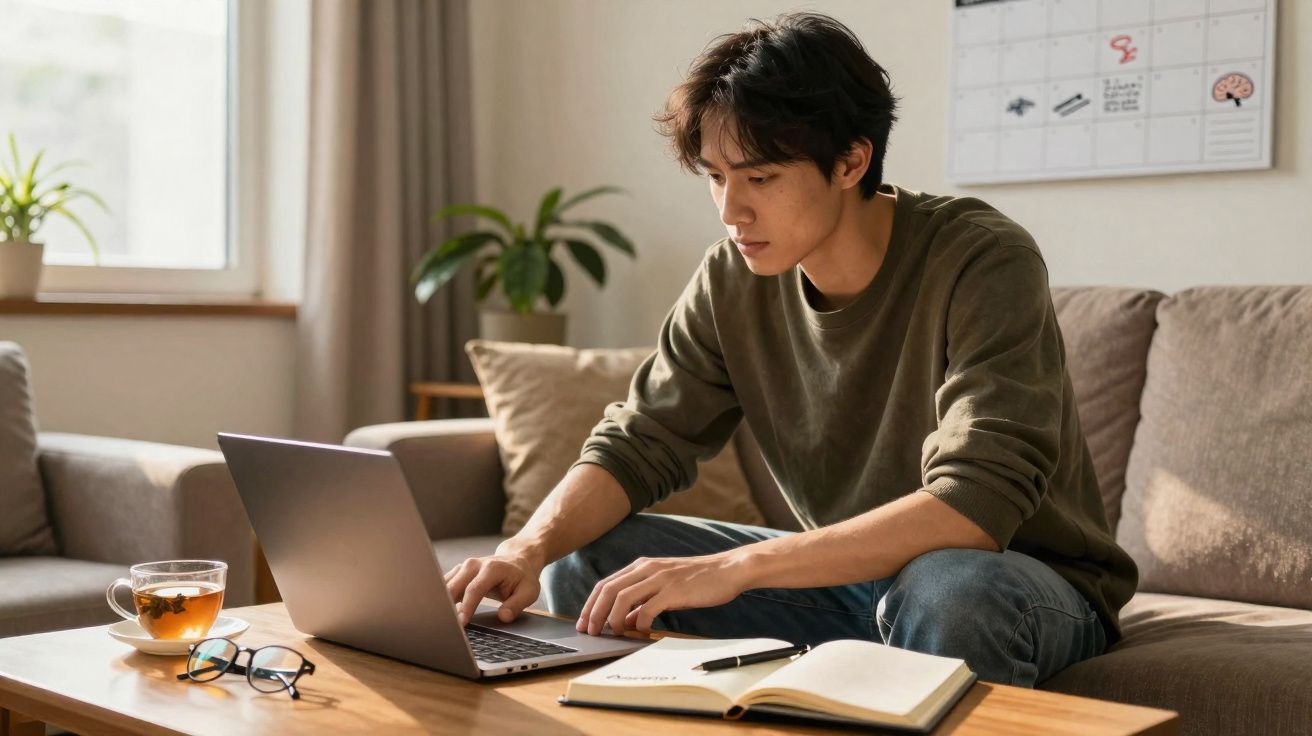 Homem sentado no sofá a trabalhar num portátil, com chá, óculos e caderno numa mesa à sua frente.