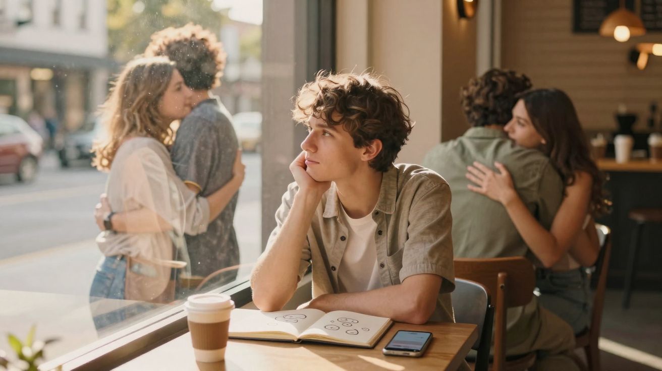 Jovem sentado sozinho numa cafetaria, olhando pela janela enquanto duas pares se abraçam dentro e fora do café.