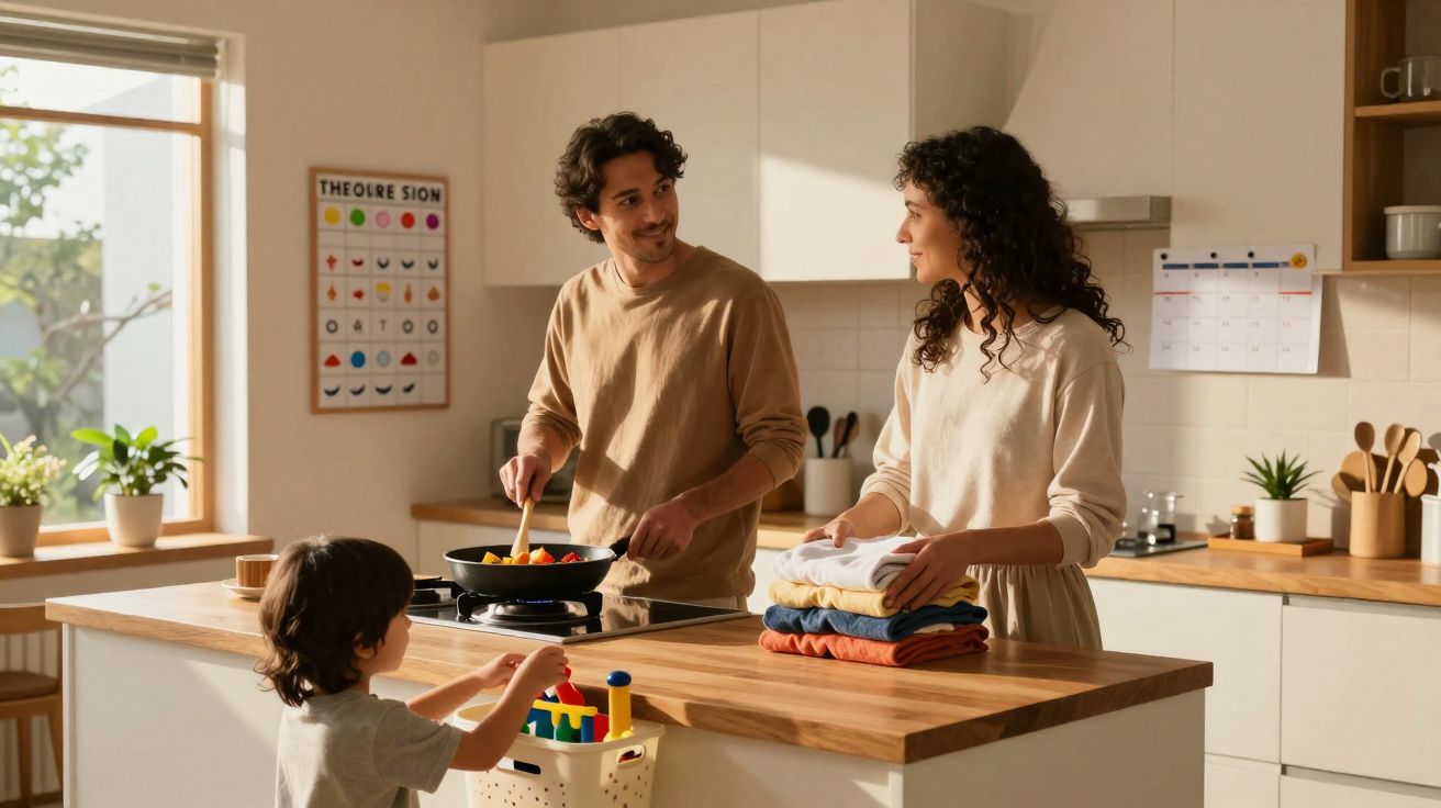 Família na cozinha: homem cozinha, mulher dobra roupa e criança brinca com brinquedo.