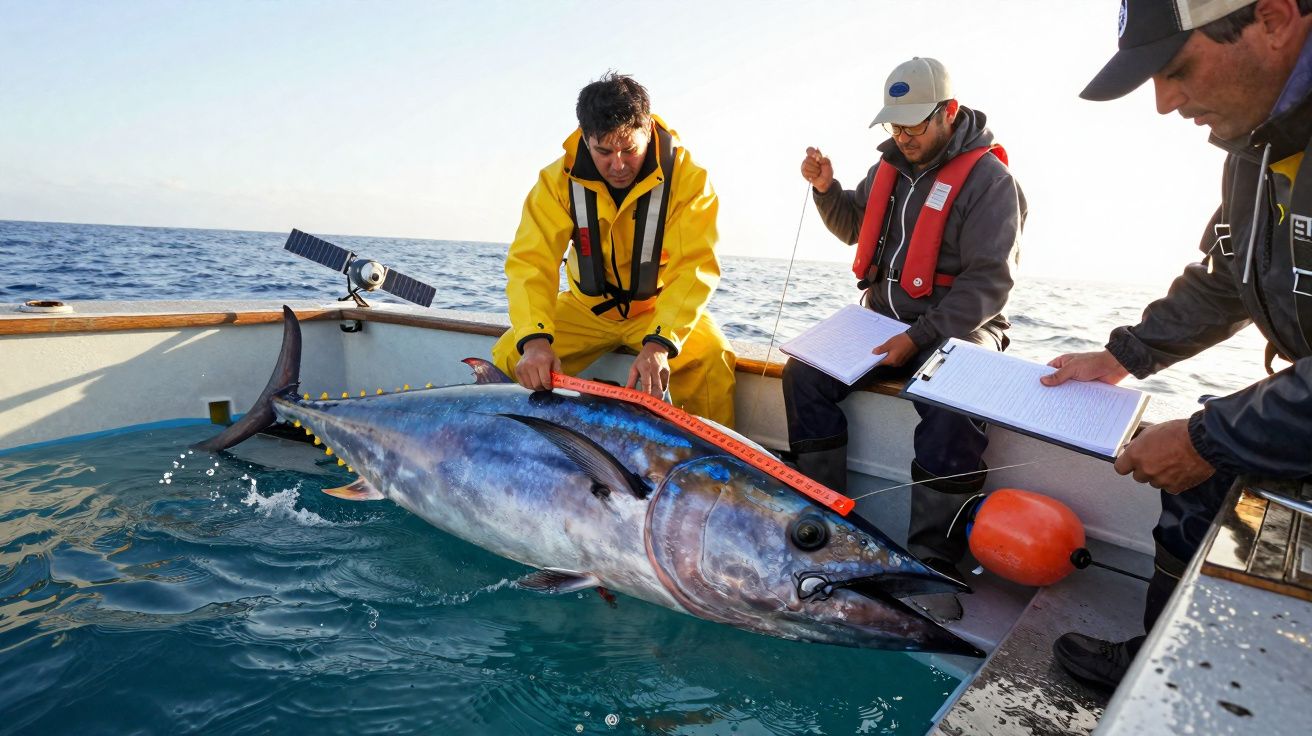 Três homens medem e registam um atum grande dentro de um barco no mar.