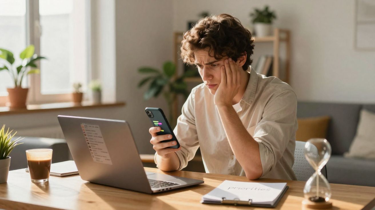 Jovem preocupado consulta telemóvel sentado numa mesa com portátil, café e ampulheta numa sala iluminada.