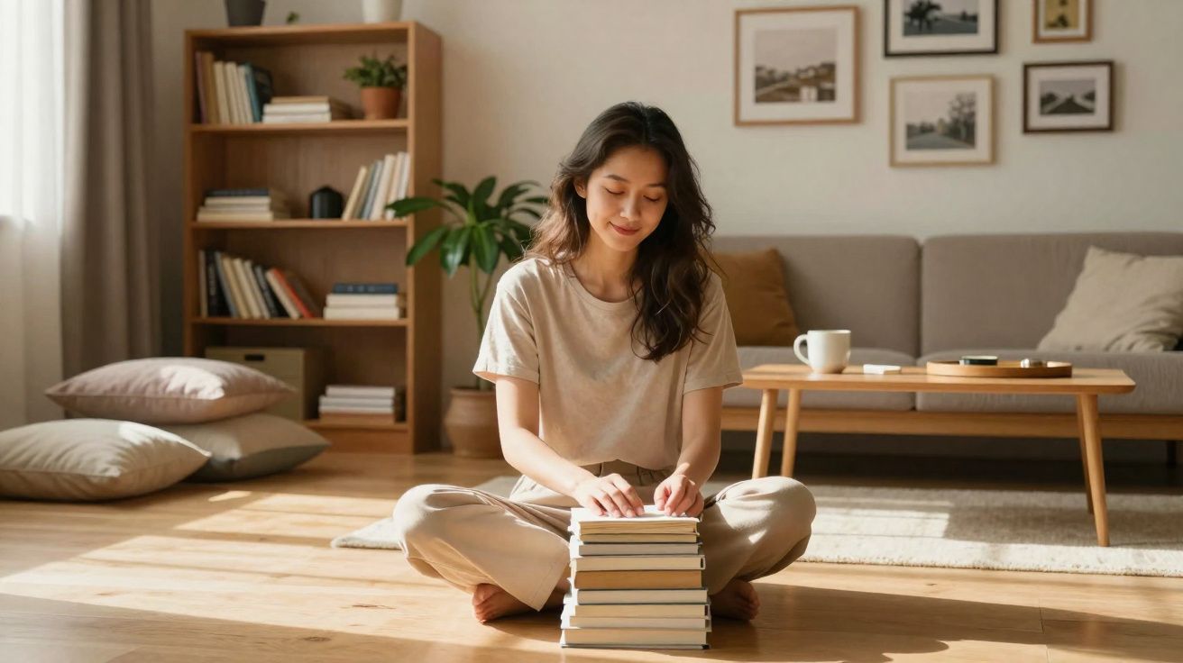 Mulher sentada no chão de madeira a organizar livros numa sala iluminada e decorada com sofá e estante.