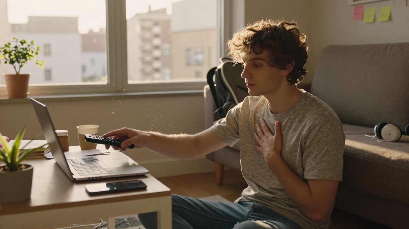 Jovem sentado no chão a usar comando remoto para televisão com portátil na mesa à frente.