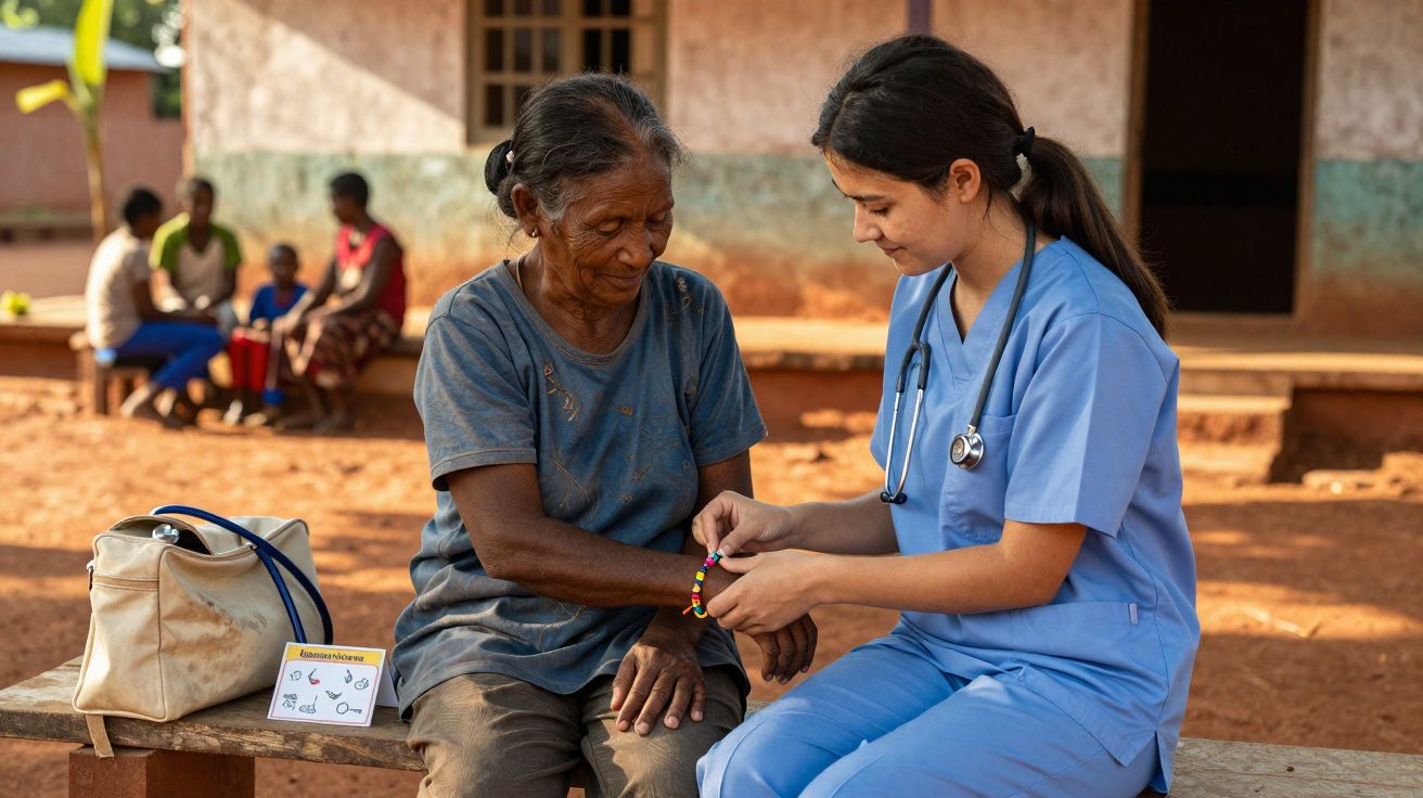 Profissional de saúde vestida de azul ajuda idosa com pulseira colorida em zona rural.