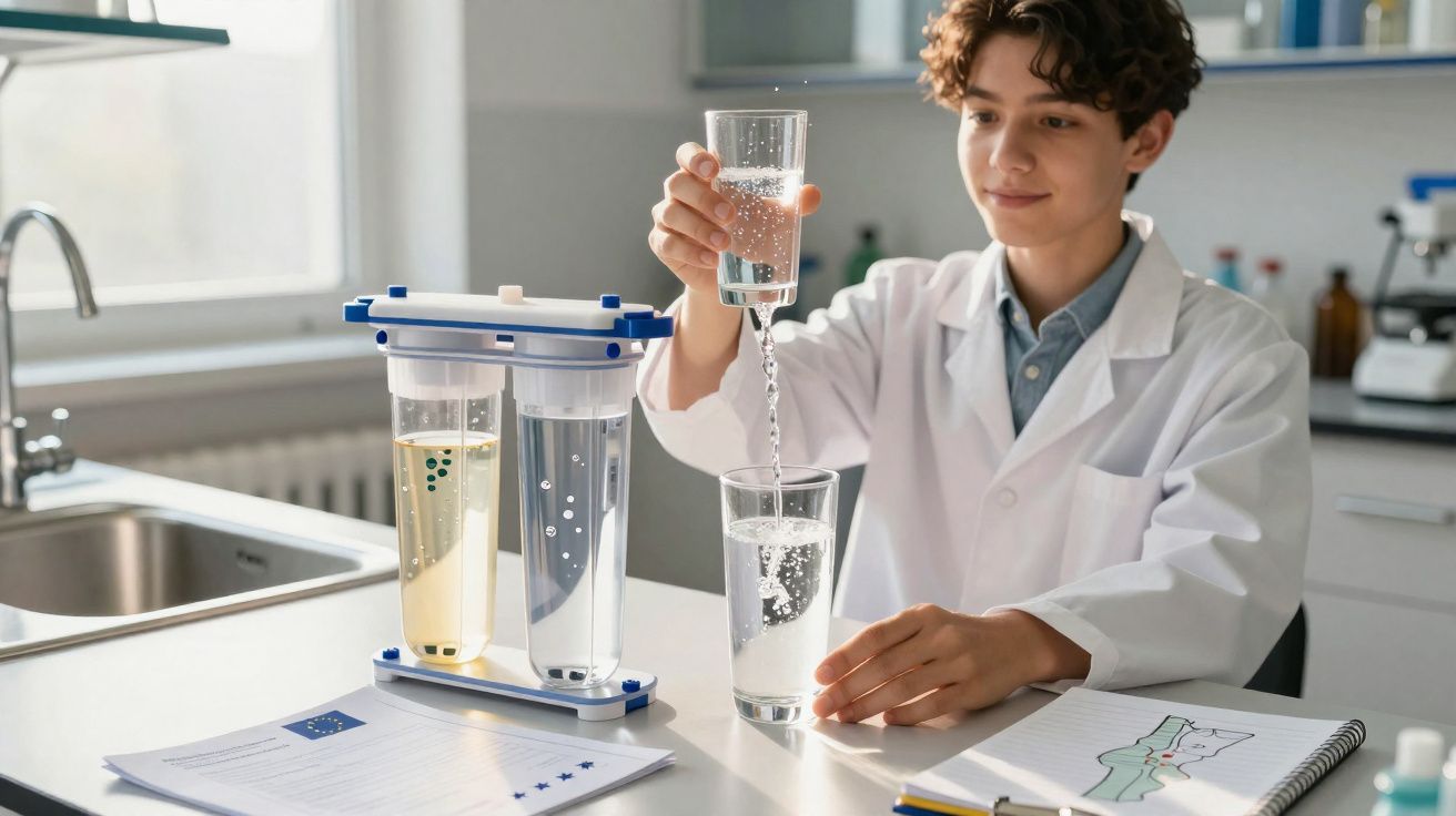Jovem cientista a verter água filtrada para copo num laboratório com equipamento de análise de água.