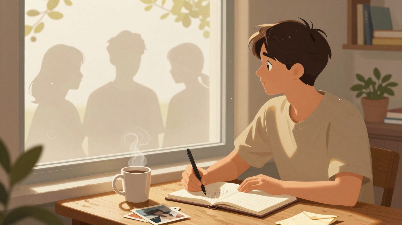 Jovem sentado a escrever num diário com sombras de três pessoas refletidas na janela.