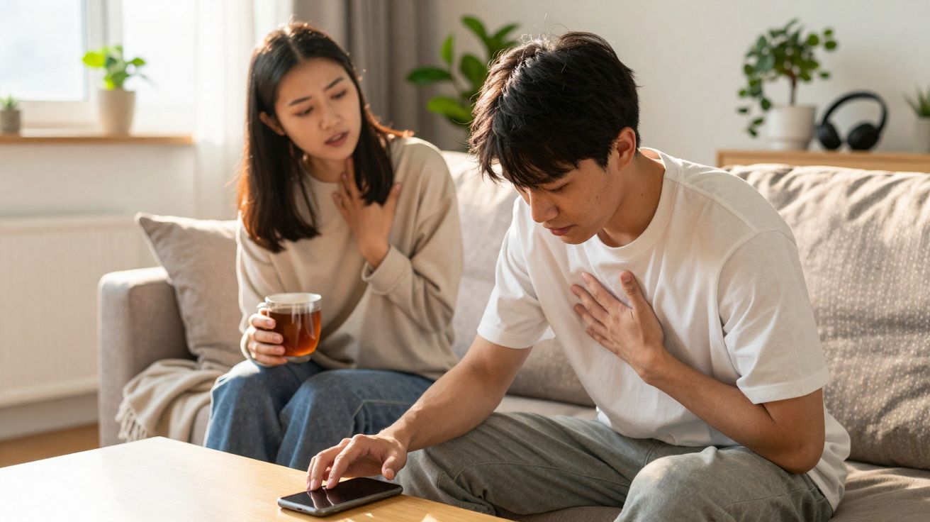 Homem com expressão de dor no peito e mulher preocupada sentados no sofá de uma sala iluminada.