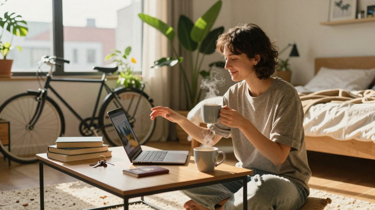 Mulher sentada no chão a beber chá e a usar portátil numa sala com bicicleta e cama ao fundo.