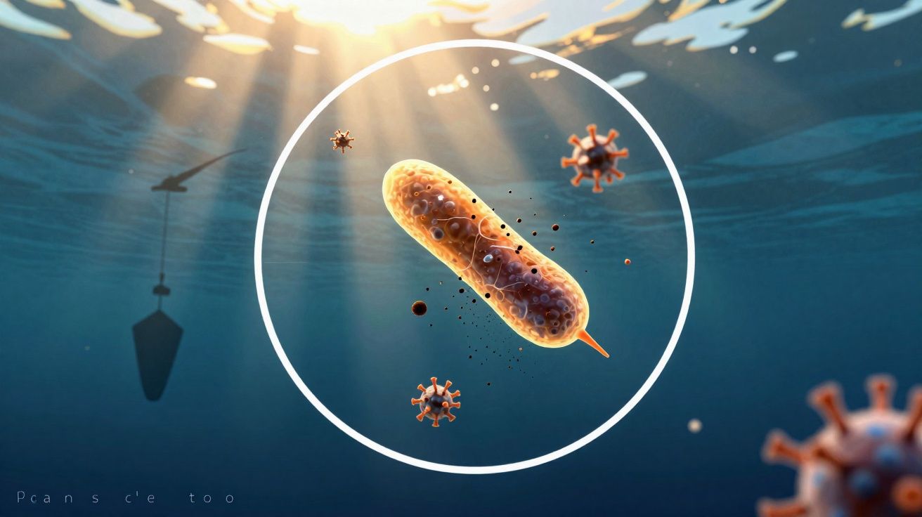 Visualização de microrganismos aquáticos com luz solar a penetrar na água e objetos ao fundo desfocados.