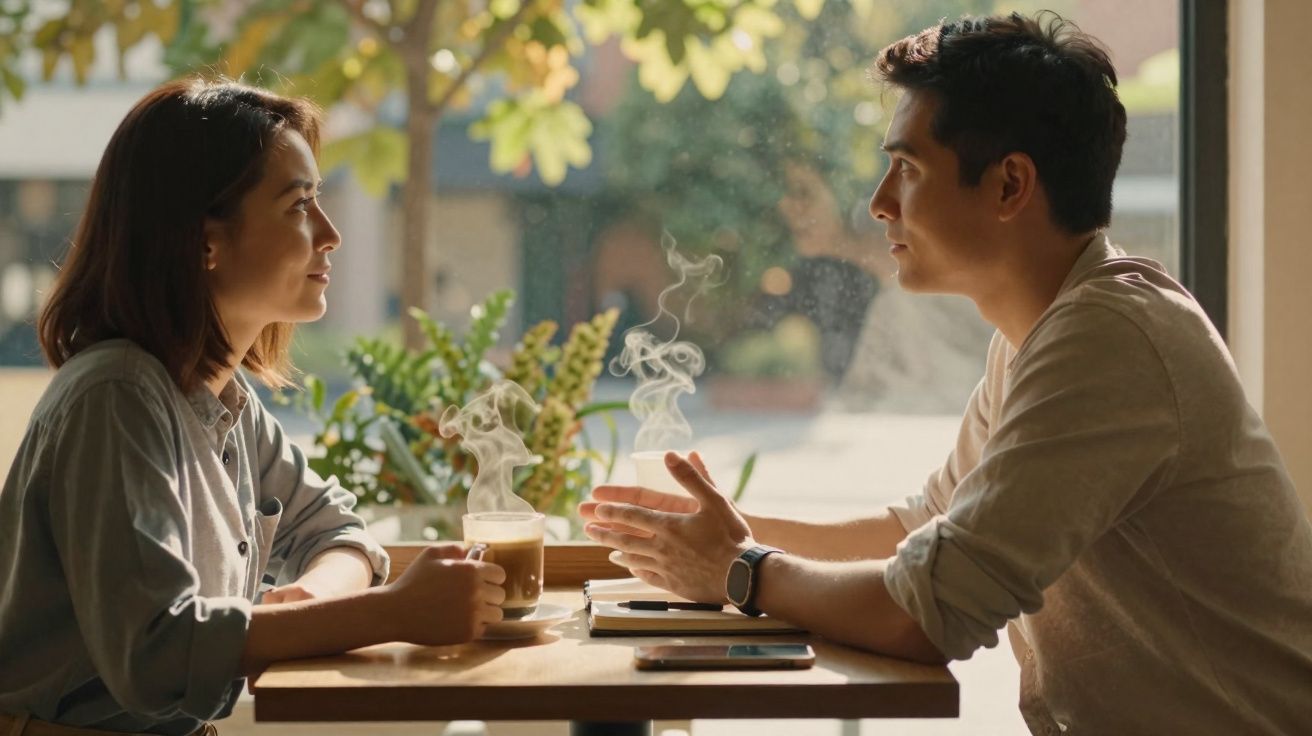 Casal sentado em mesa de café a conversar, com bebidas quentes e luz natural a entrar pela janela.