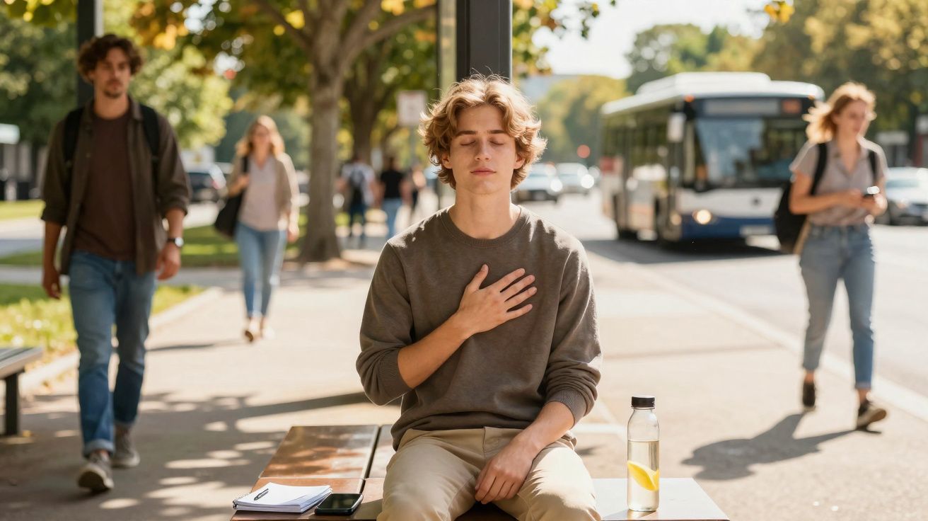 Jovem sentado numa paragem de autocarro com os olhos fechados e mão no peito, rodeado de pessoas a passar.