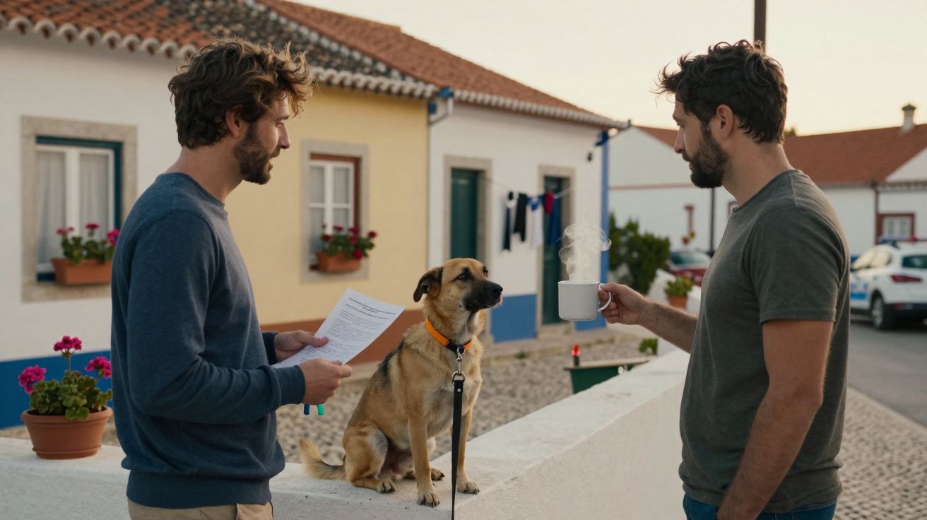 Dois homens conversam numa rua com casas típicas, com um cão sentado num muro entre eles.