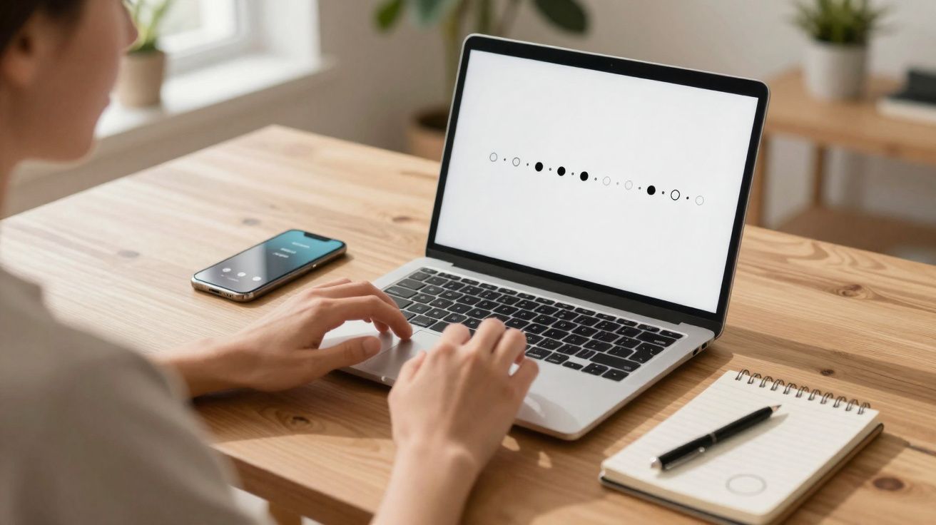 Pessoa a usar computador portátil com gráfico de círculos no ecrã, telefone e caderno numa mesa de madeira.