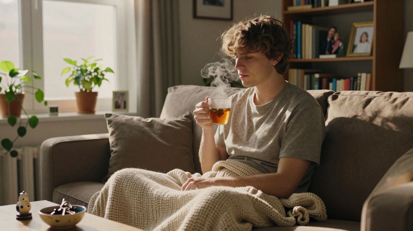 Jovem sentado no sofá, enrolado em manta, a beber chá quente numa sala iluminada e acolhedora.