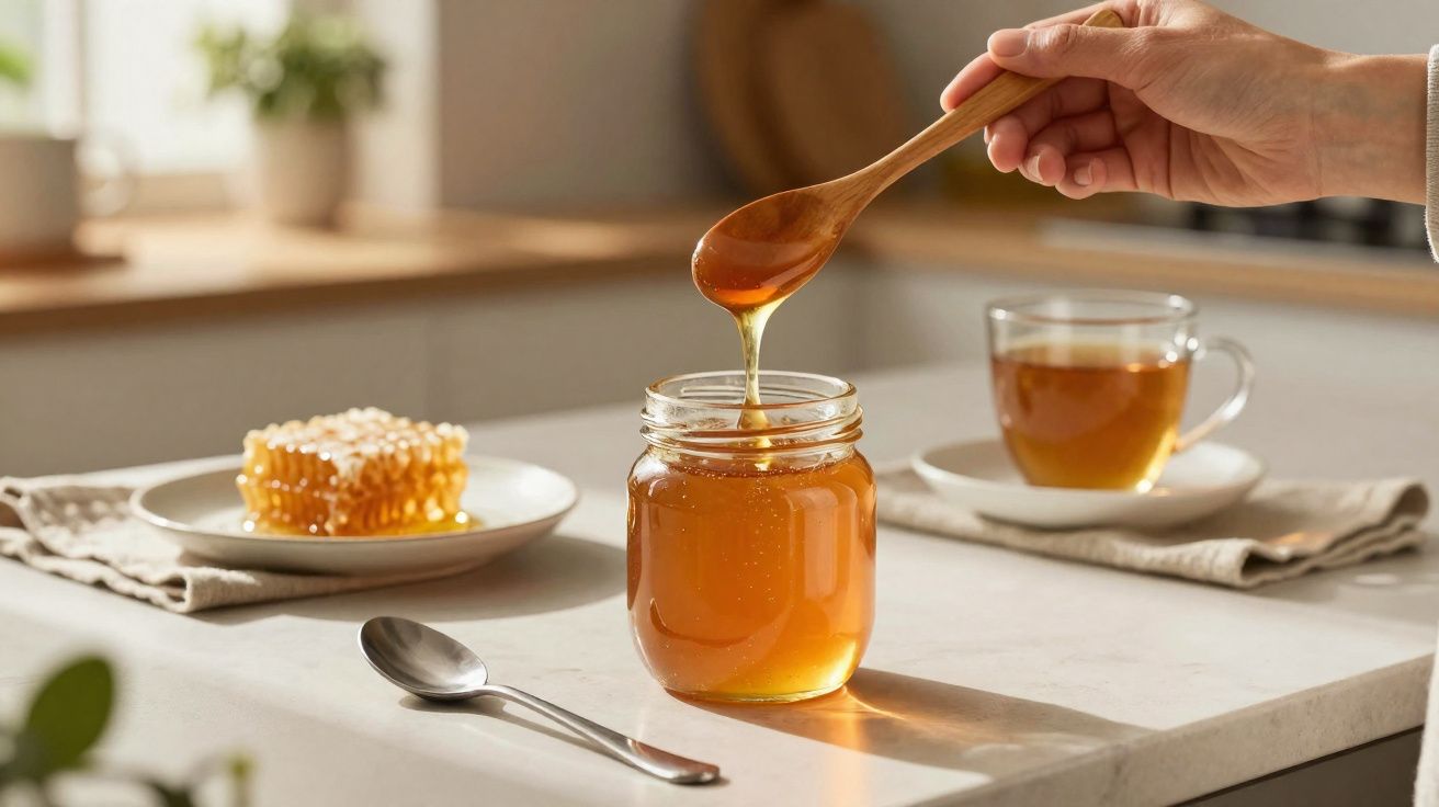 Frasco de mel com mel a escorrer de uma colher de madeira, favo de mel e chá numa mesa.