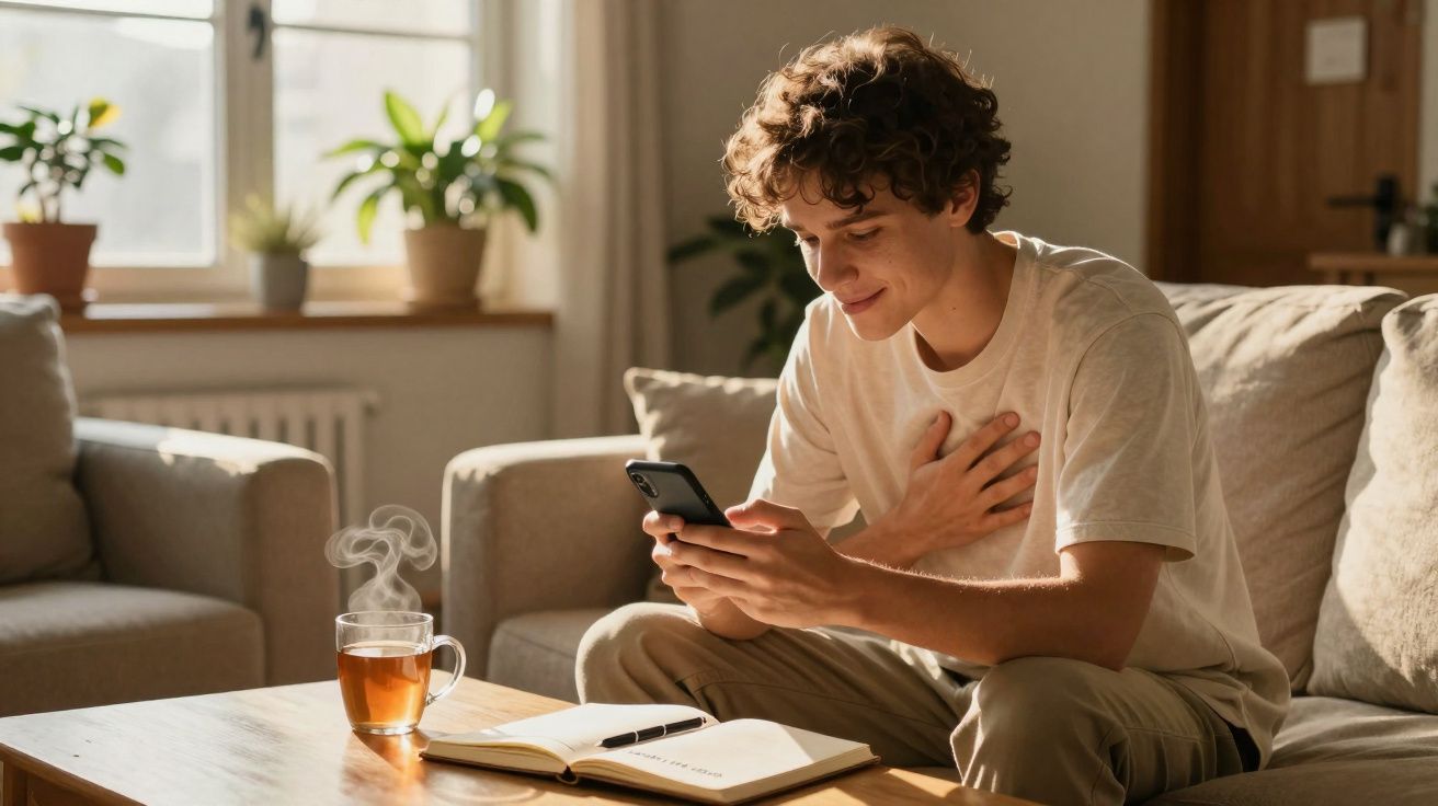 Jovem sentado no sofá a sorrir enquanto olha para o telemóvel com chá quente e caderno na mesa à frente.