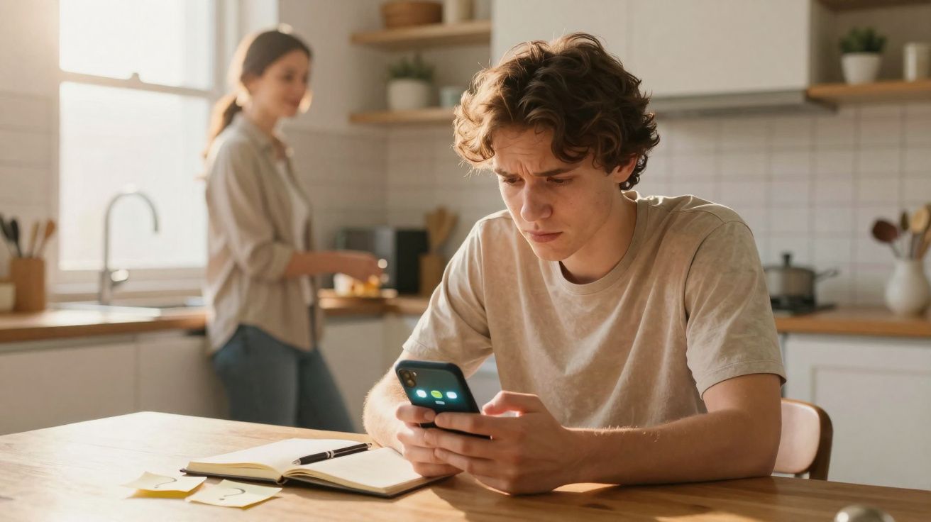 Jovem preocupado consulta o telemóvel numa cozinha, enquanto mulher sorri ao fundo perto da janela.