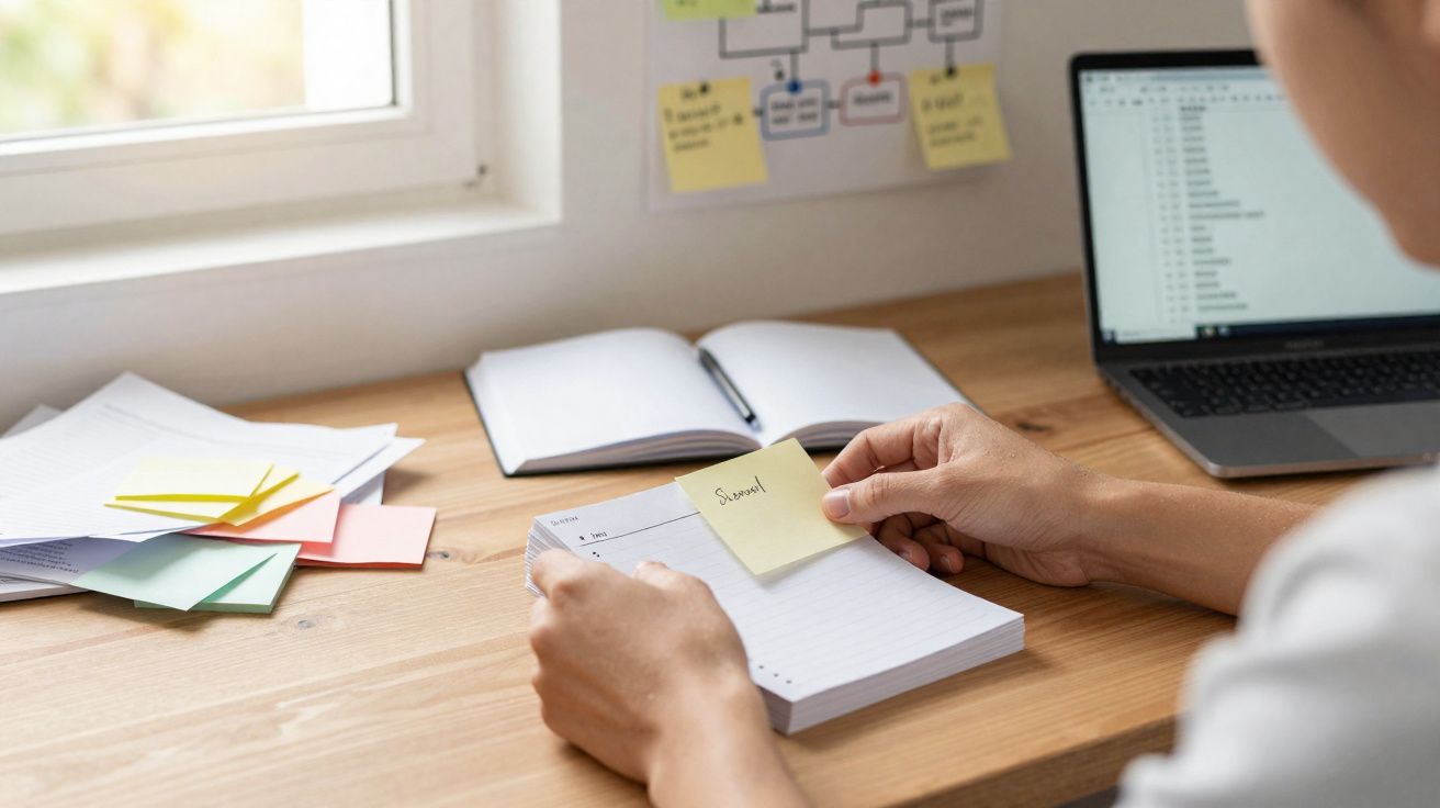 Pessoa sentada a fazer organização de notas em post-its numa secretária com portátil e cadernos.