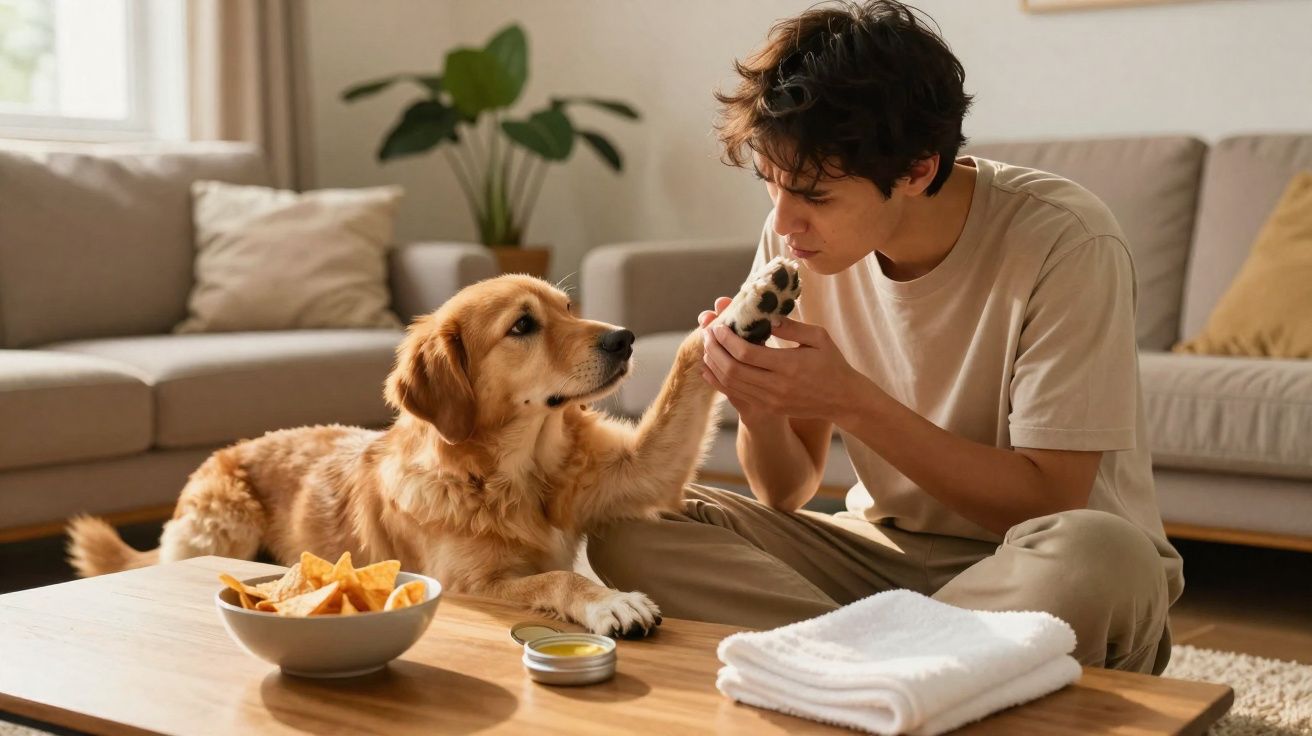 Jovem sentado no chão a cuidar da pata de um cão dourado numa sala de estar acolhedora.