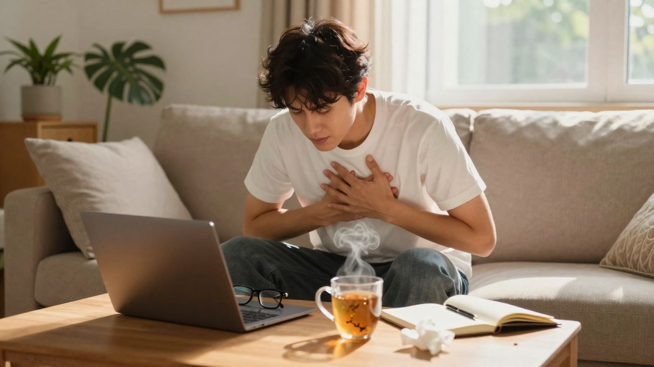 Pessoa sentada no sofá com mãos no peito, parecendo desconforto, com chá quente e computador à frente.