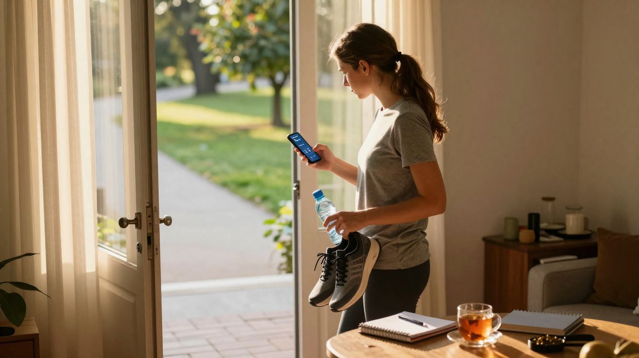 Mulher com roupa de desporto na entrada de casa a olhar para o telemóvel, segurando ténis e garrafa de água.