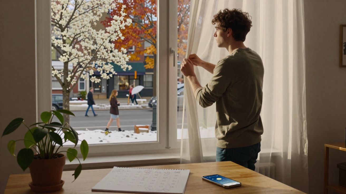Homem a abrir a cortina para olhar pela janela de uma casa com árvore em flor na rua.