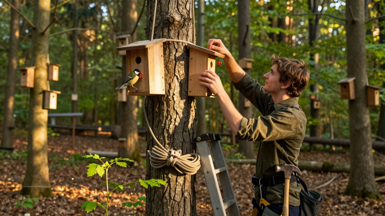 Homem a instalar uma casa para pássaros numa árvore numa floresta durante o dia.