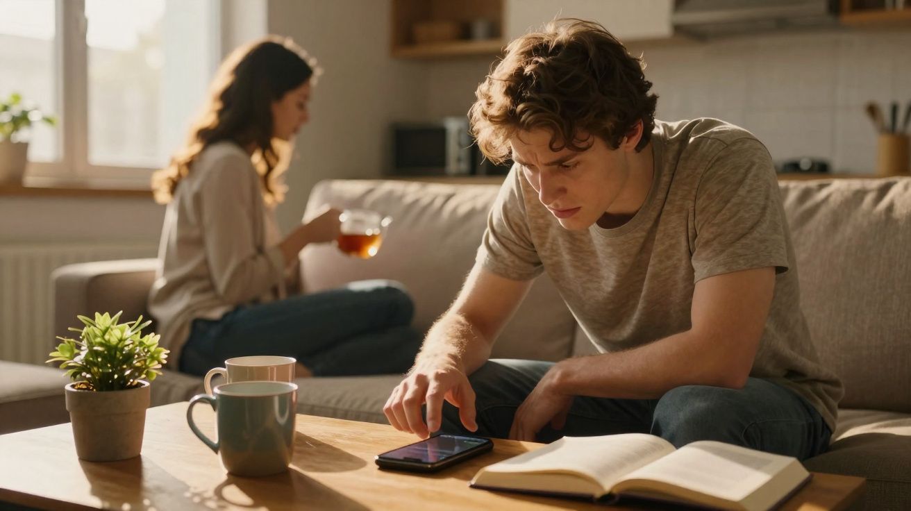 Jovem concentrado no telemóvel e mulher a beber chá sentados numa sala iluminada e acolhedora.