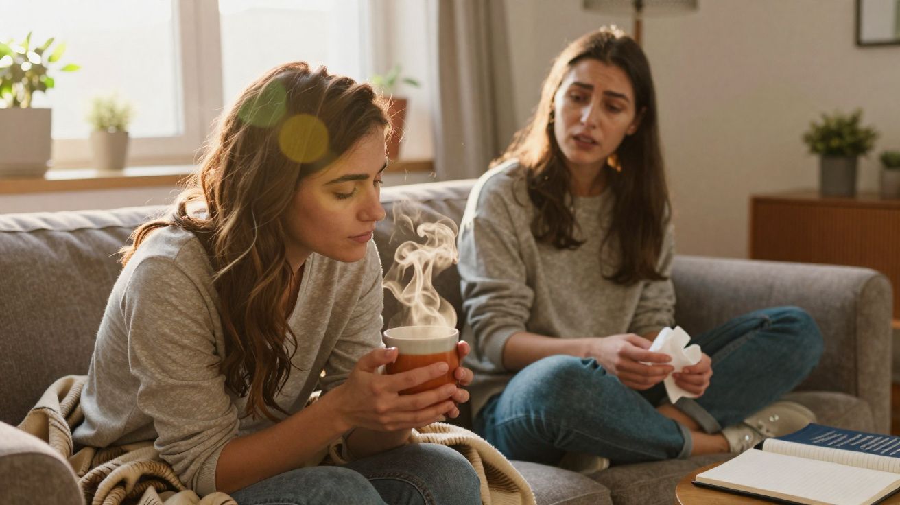 Duas mulheres sentadas no sofá, uma com chá quente e a outra com lenços, num ambiente acolhedor e iluminado.