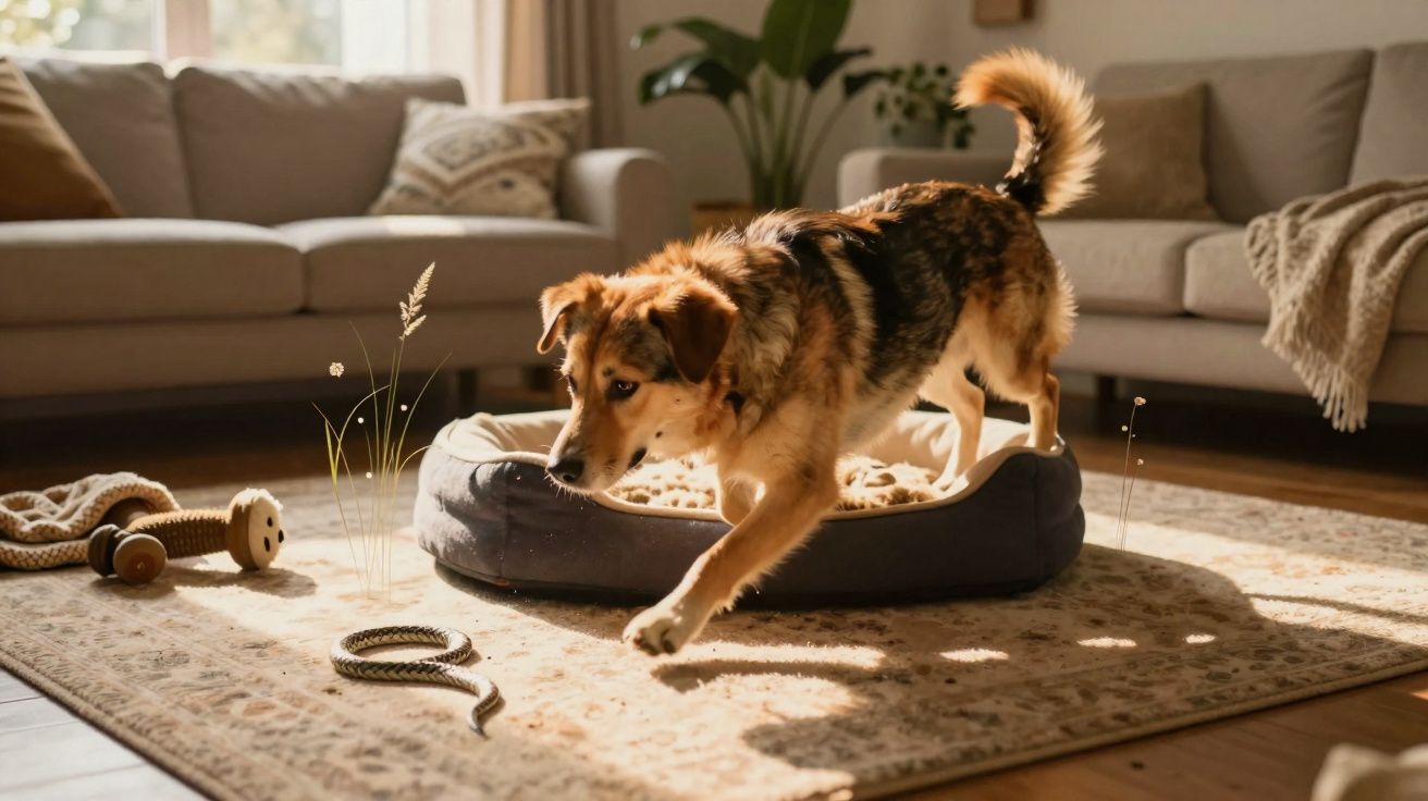Cão castanho e preto a sair da cama num tapete num salão com sofás e brinquedos espalhados.