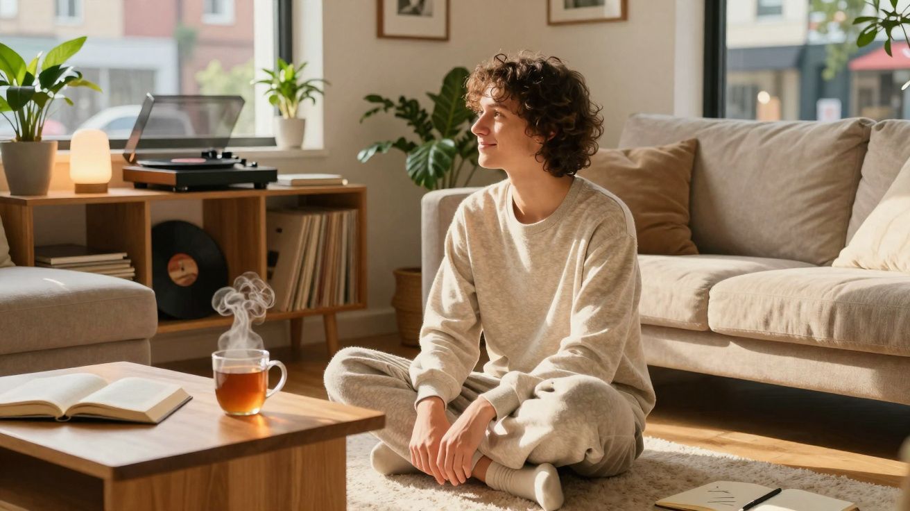 Pessoa sentada no chão da sala, vestida com roupa confortável, perto de chá quente e livros.