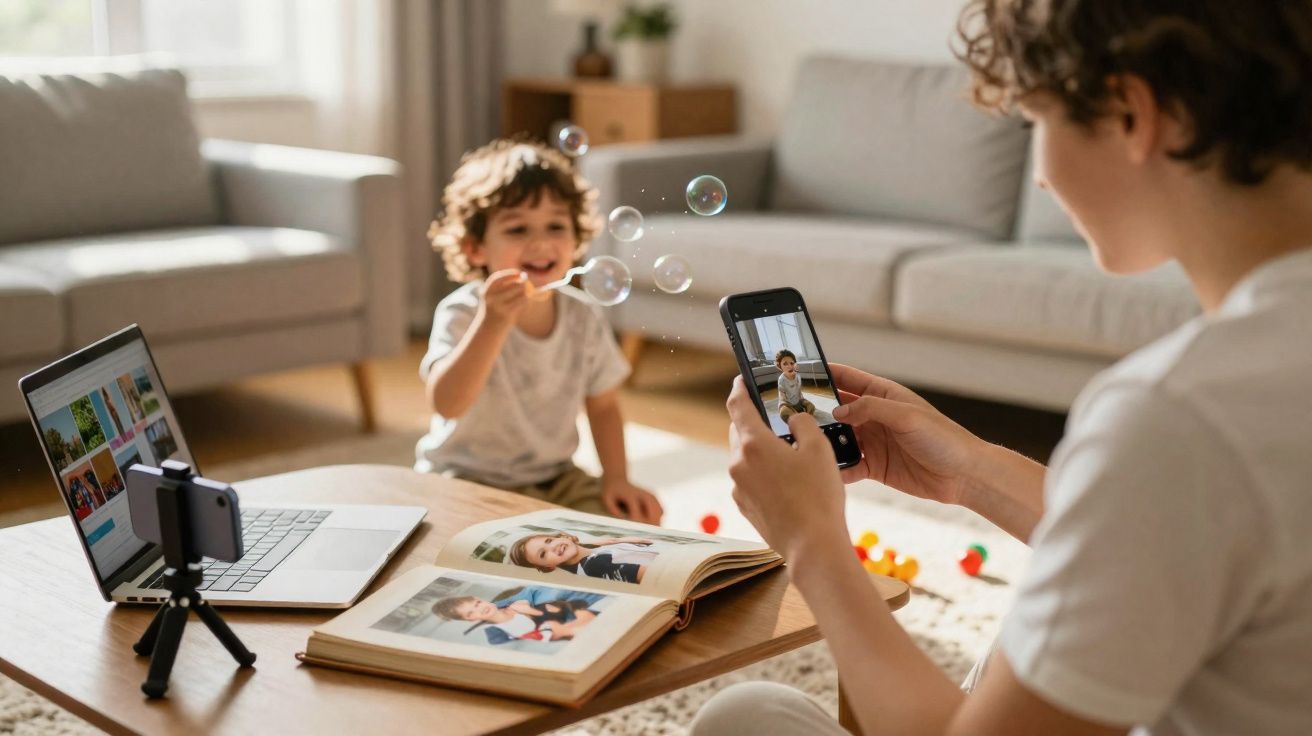 Criança a soprar bolhas de sabão enquanto outra pessoa tira fotos com telemóvel numa sala com sofá e mesa.