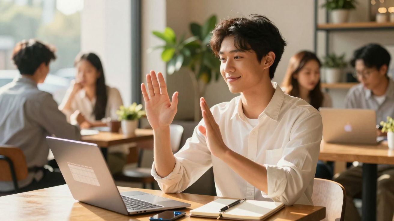 Homem jovem sorridente acenando para o portátil durante videochamada num café com outras pessoas ao fundo.
