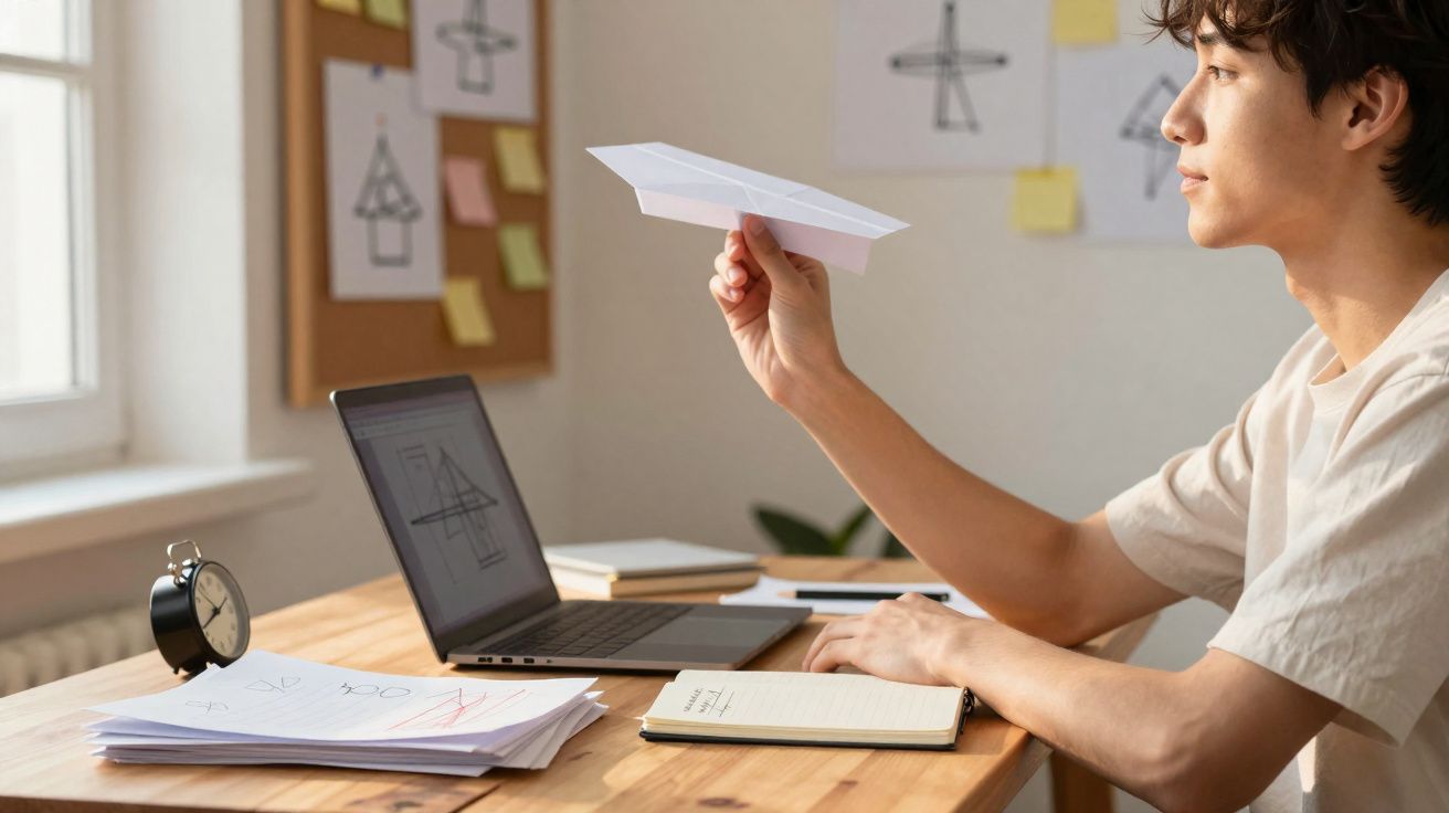 Jovem a lançar um avião de papel enquanto está sentado numa secretária com computador e cadernos.