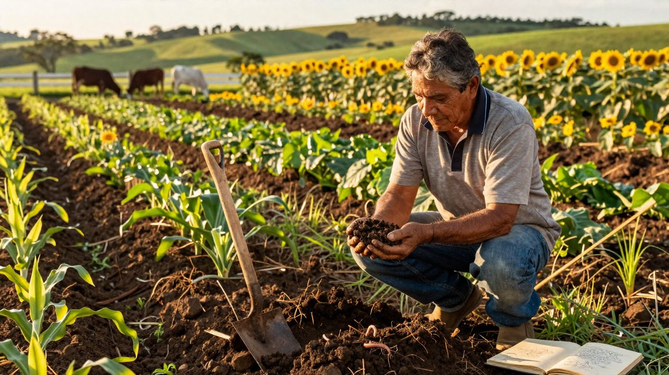 Homem agricultor examina terra num campo com plantas, girassóis e vacas ao fundo ao pôr do sol.