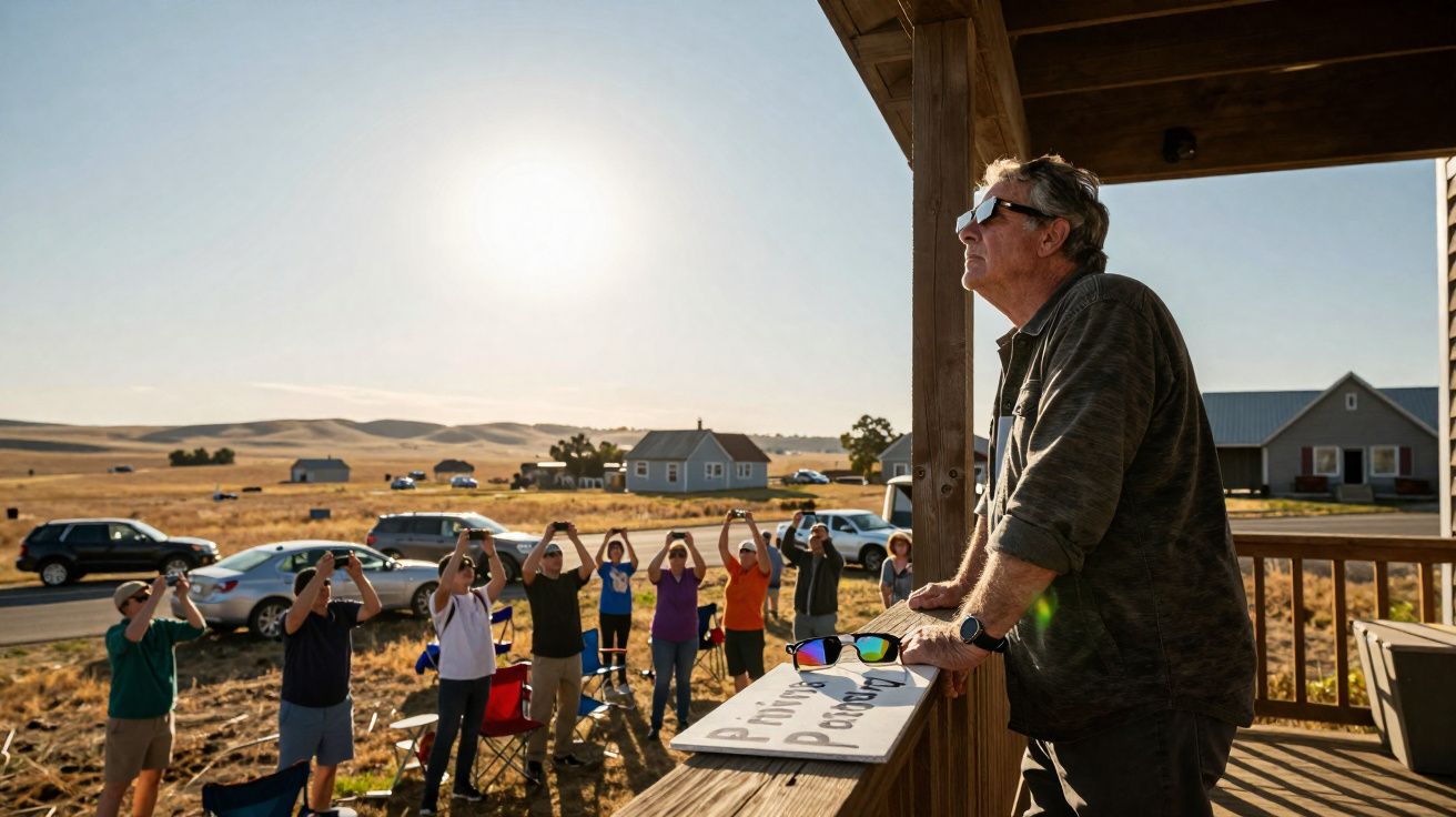 Homem de óculos escuros observa o céu enquanto grupo de pessoas aponta para cima numa área rural ao pôr do sol.