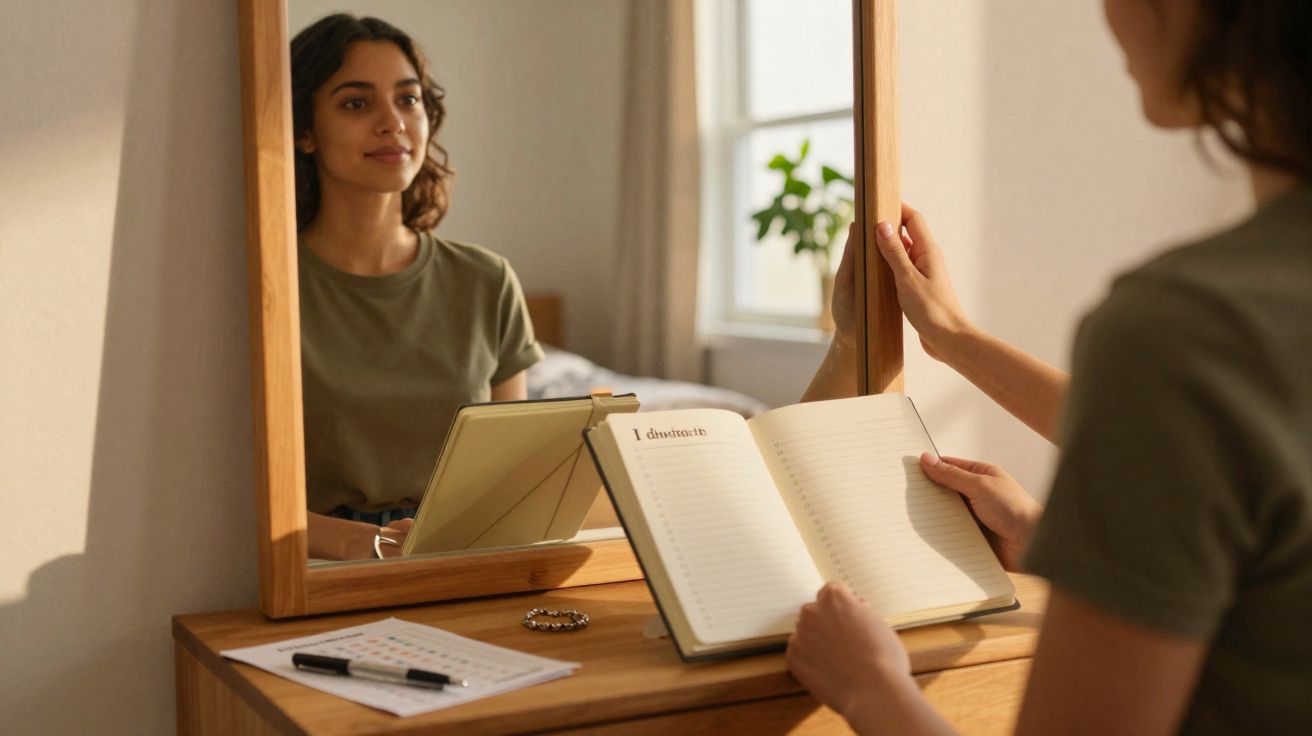 Mulher jovem a olhar-se ao espelho enquanto segura um diário aberto num quarto iluminado natural.