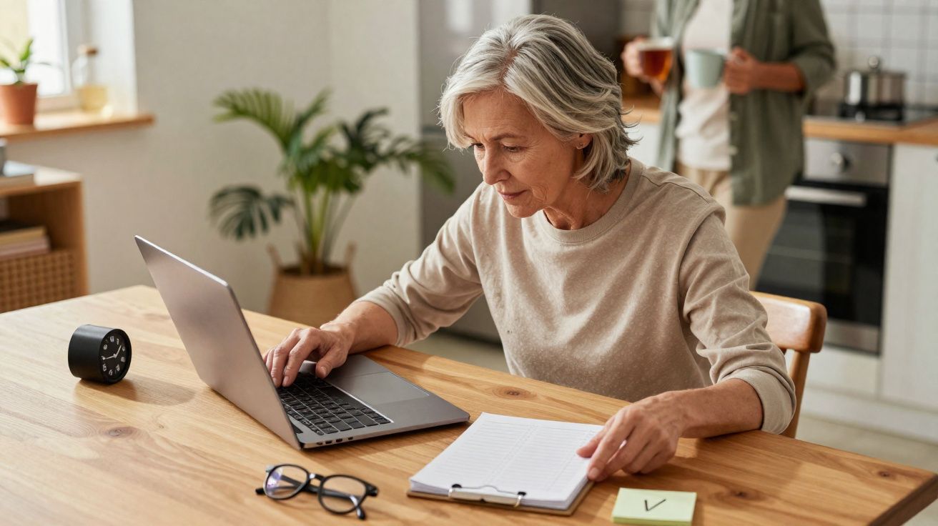 Mulher sénior a trabalhar num portátil com bloco de notas e óculos numa mesa de madeira na cozinha.