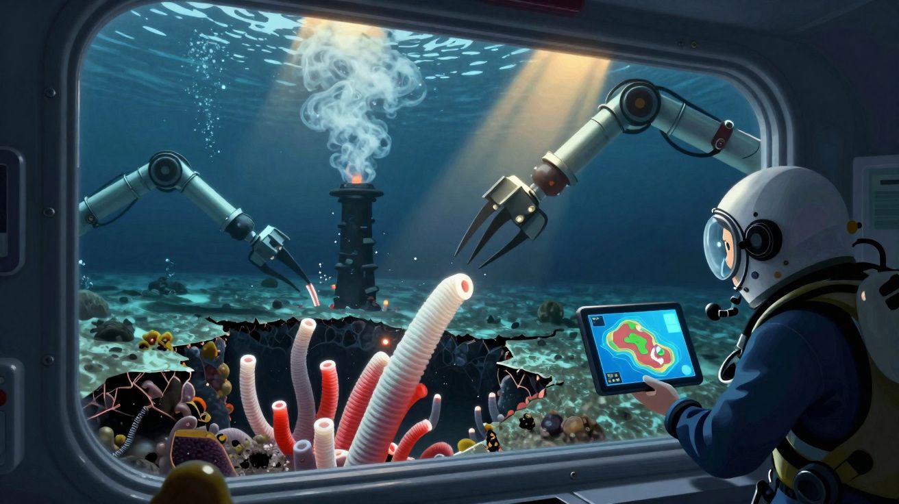 Interior de submarino com robot manipulador e um operador a controlar, observando tubo submarino e fauna marinha.