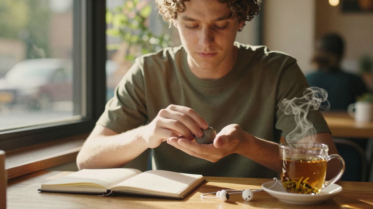 Jovem a dar um gole de chá, sentado numa mesa com um livro aberto e auscultadores perto, junto a uma janela.