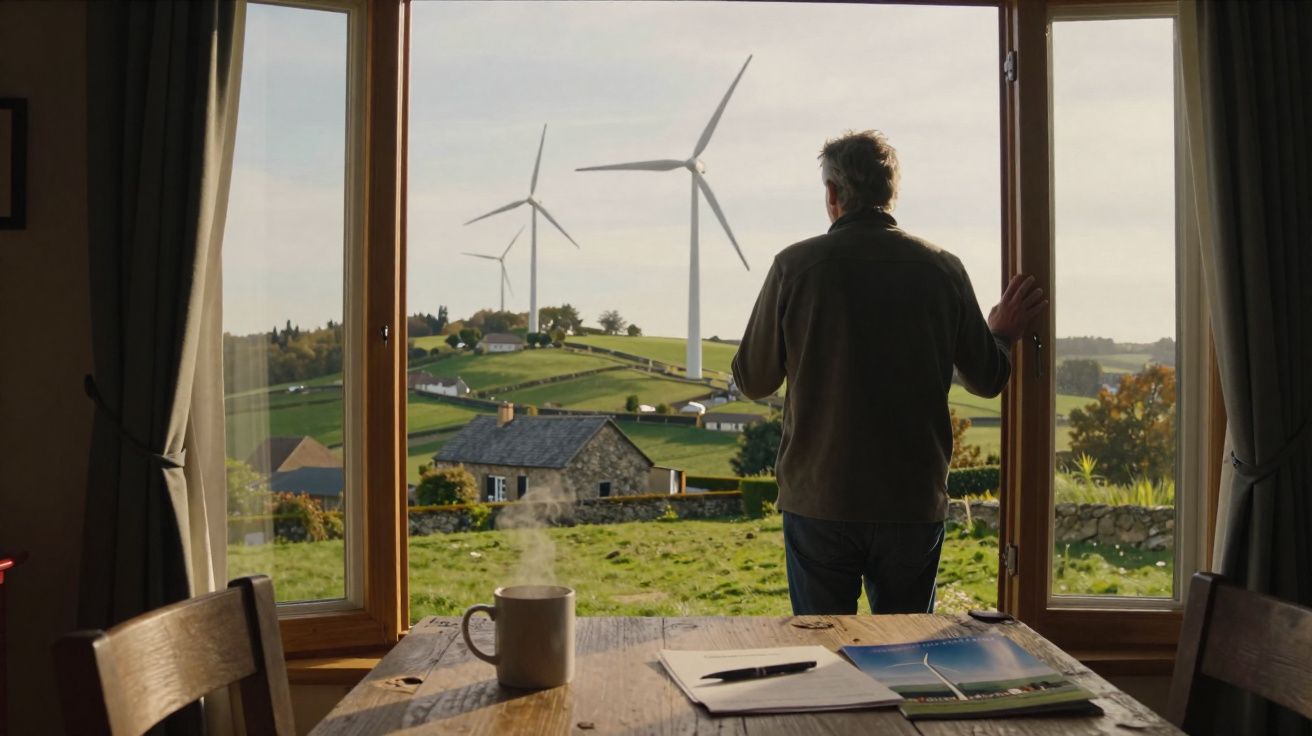Homem observa turbinas eólicas e campo verde através de janela ampla numa casa acolhedora.