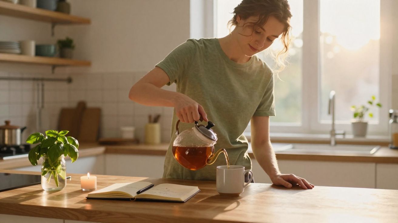 Mulher a servir chá numa caneca numa cozinha luminosa com caderno, vela e planta na mesa.